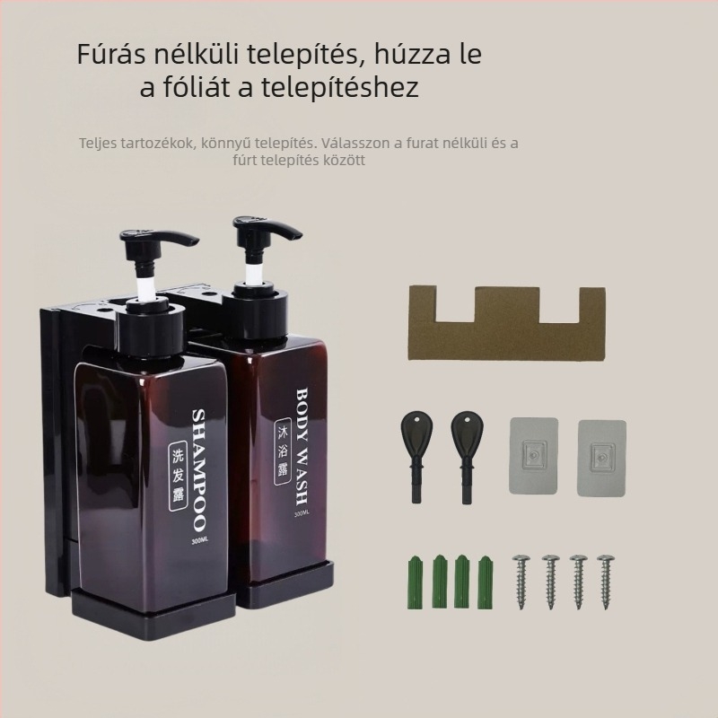 Fali dupla fejű szappanadagoló szállodák számára, lopás elleni védelem, sampon és tusfürdő számára, ABS+PET, anodizált felület