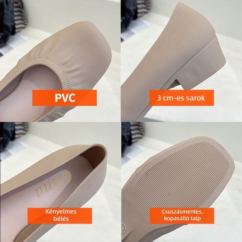 Női esőcsizma PVC felső rész, alacsony szár, lapos sarok, csúszásmentes puha talp