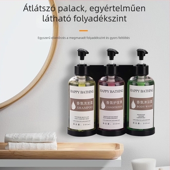 Fúrás nélküli falra szerelhető kézi nyomású szappanadagoló – ideálisan a szállodai fürdőszobába; adagol szappant, kézfertőtlenítőt, sampont és tusfürdőt; műanyag test.