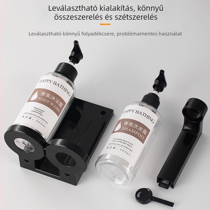 Fúrás nélküli falra szerelhető kézi nyomású szappanadagoló – ideálisan a szállodai fürdőszobába; adagol szappant, kézfertőtlenítőt, sampont és tusfürdőt; műanyag test.