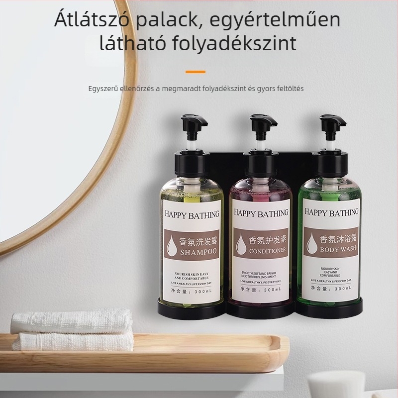 Fúrás nélküli falra szerelhető kézi nyomású szappanadagoló – ideálisan a szállodai fürdőszobába; adagol szappant, kézfertőtlenítőt, sampont és tusfürdőt; műanyag test.
