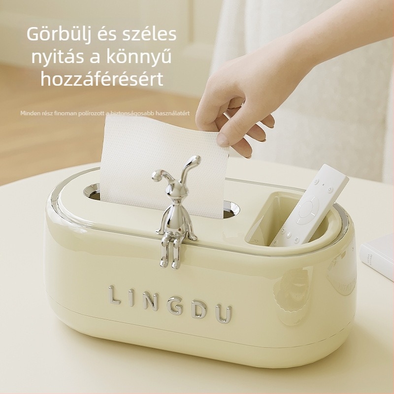 Nyuszis dekorációjú papírzsepiatartó – műanyag, vízálló, többfunkciós; modell Bunny Paper Box; alkalmas nappalira és fürdőszobába.