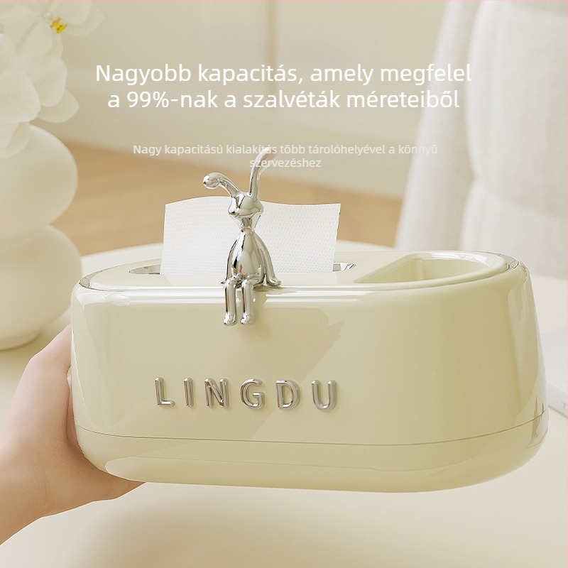 Nyuszis dekorációjú papírzsepiatartó – műanyag, vízálló, többfunkciós; modell Bunny Paper Box; alkalmas nappalira és fürdőszobába.