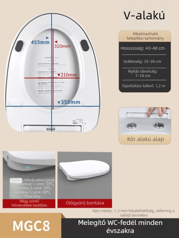 Melegített vécéülőke intelligens hőmérséklet-szabályozással, önkitisztító fúvóka, fenék- és női mosás, modell MGC1, PP anyag, osztott kivitel, szifonos öblítés