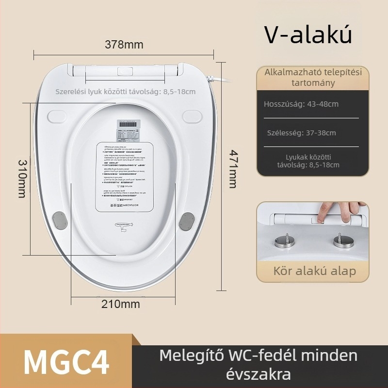 Melegített vécéülőke intelligens hőmérséklet-szabályozással, önkitisztító fúvóka, fenék- és női mosás, modell MGC1, PP anyag, osztott kivitel, szifonos öblítés
