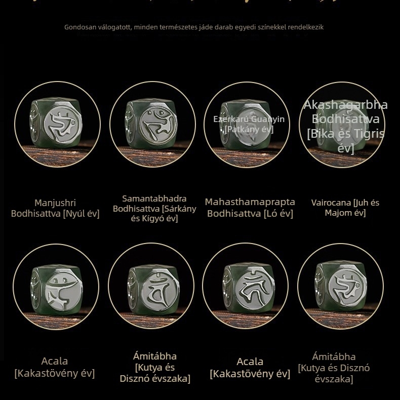 Természetes Hetian jáde gyöngyökből készült uniszex karkötő tizenkét zodiákus Buddha motívumokkal