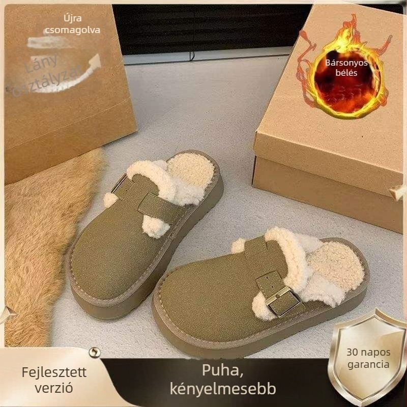 Női szőrös Birkenstock-stílusú papucsok, felső rész marhabőr velúr, gumitalp, csúszásmentes, zárt orr (talp vastagsága 0–3 cm)