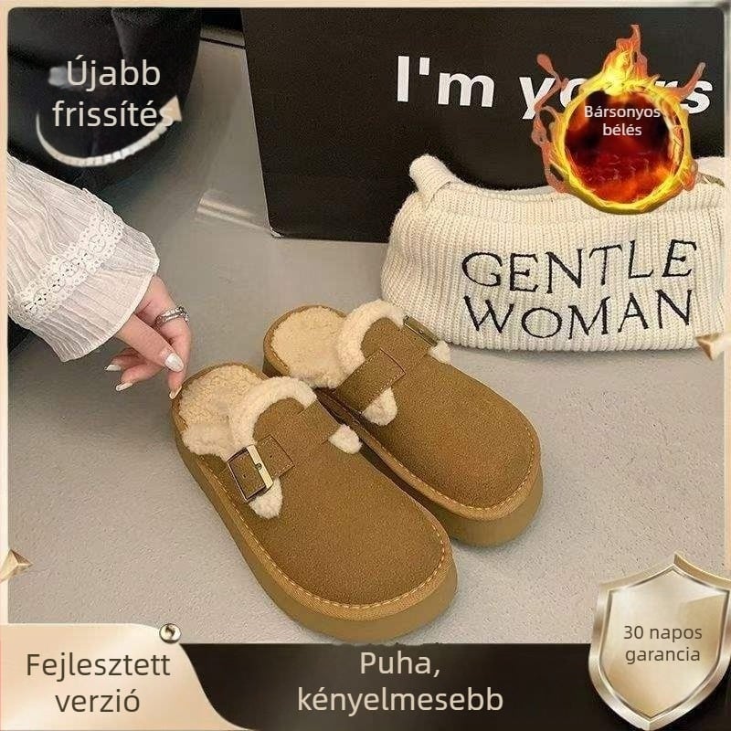 Női szőrös Birkenstock-stílusú papucsok, felső rész marhabőr velúr, gumitalp, csúszásmentes, zárt orr (talp vastagsága 0–3 cm)
