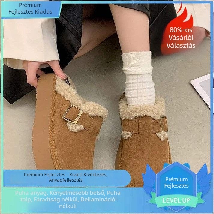 Női vastag talpú papucs, slip-on, szőrös belső, velúr felsőrész, habgumiból készült talp