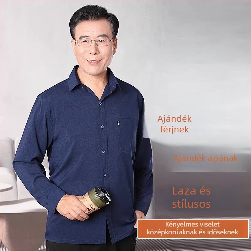 Középkorú és idősebb férfiak hosszú ujjú inge vékony ice silk anyaggal, tavasz-nyár