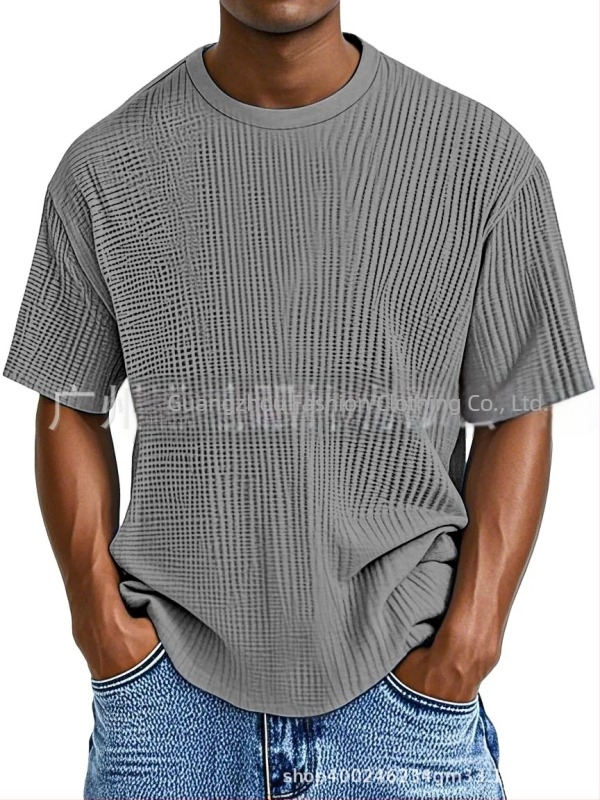 Férfi T-shirt - kerek nyakú, rövid ujjú, pamutkeverék (waffle-knit)