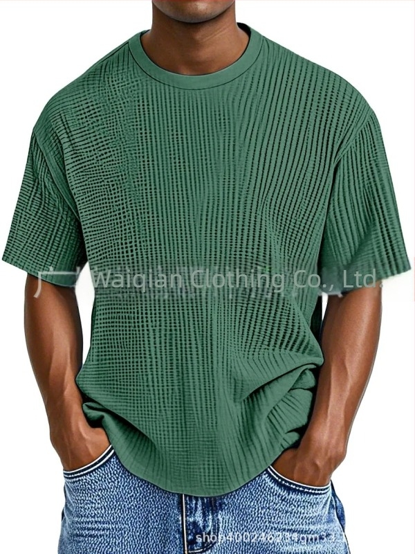 Férfi T-shirt - kerek nyakú, rövid ujjú, pamutkeverék (waffle-knit)