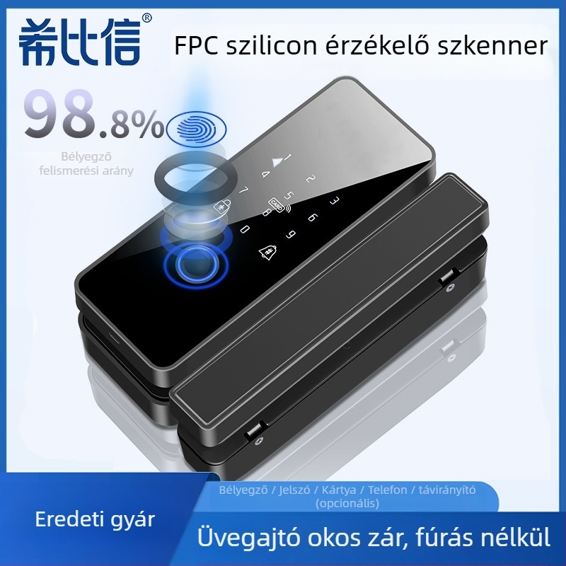 Üveges ajtóhoz készült elektronikus zár ujjlenyomat- és jelszóhoz, modell 01, 100 ujjlenyomat tárolás, szkennelési idő <0,3 s, DC tápegység