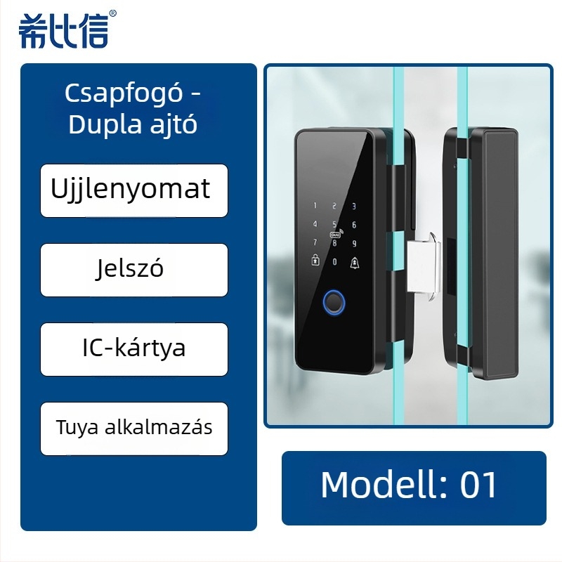 Üveges ajtóhoz készült elektronikus zár ujjlenyomat- és jelszóhoz, modell 01, 100 ujjlenyomat tárolás, szkennelési idő <0,3 s, DC tápegység