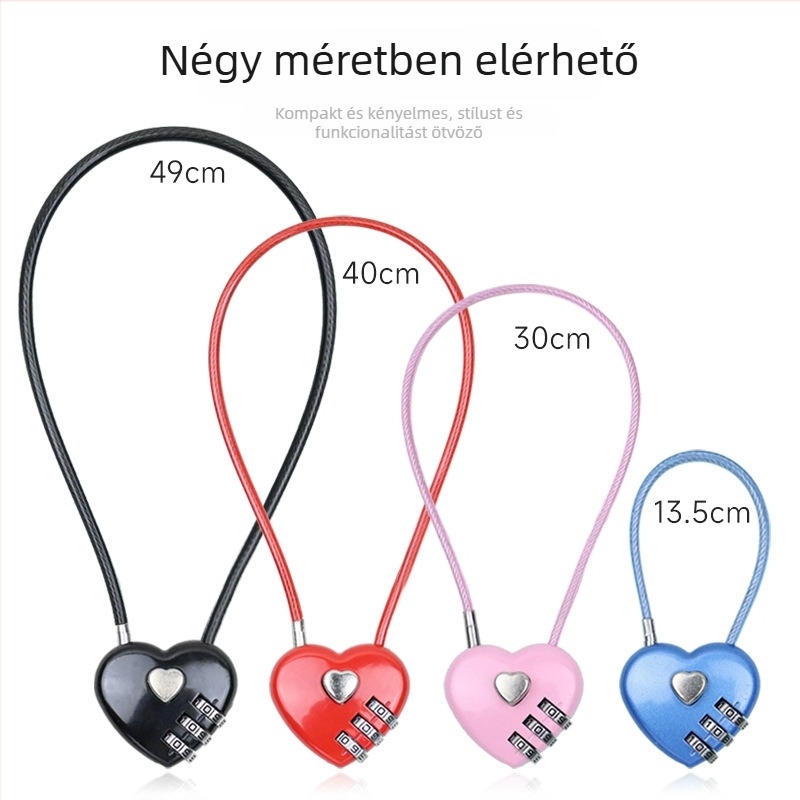 Szív alakú mechanikus kombinációs zár, cinköntvényből, táskákhoz és tároló dobozokhoz; zárókar vastagsága 3 mm.