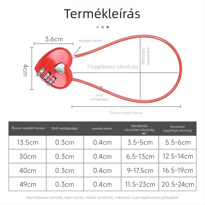 Szív alakú mechanikus kombinációs zár, cinköntvényből, táskákhoz és tároló dobozokhoz; zárókar vastagsága 3 mm.