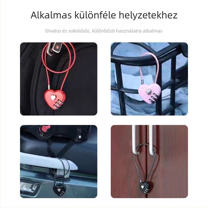 Szív alakú mechanikus kombinációs zár, cinköntvényből, táskákhoz és tároló dobozokhoz; zárókar vastagsága 3 mm.