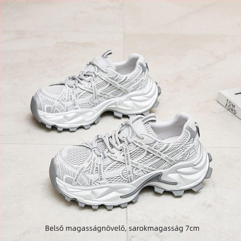 Magasító talpú dad sneaker nőknek | hálós felsőrész | 3–5 cm sarokmagasság | PU talp | elülső fűzőzárás