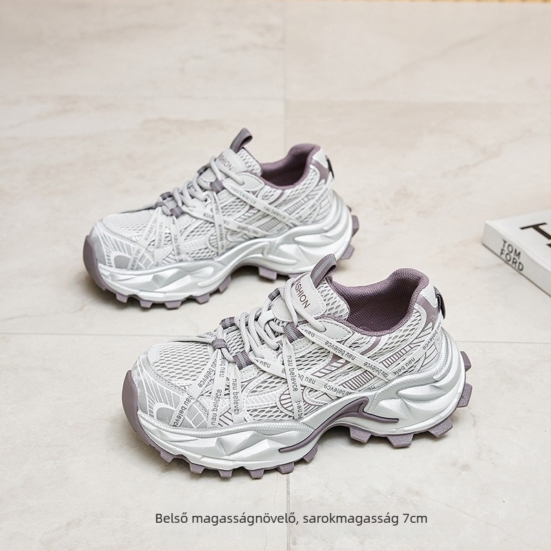 Magasító talpú dad sneaker nőknek | hálós felsőrész | 3–5 cm sarokmagasság | PU talp | elülső fűzőzárás