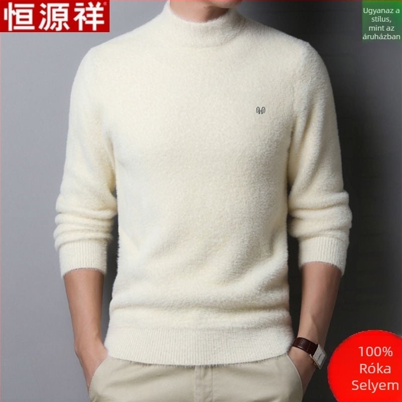 Férfi gyapjú kötött pulóver, vastag, fél magas gallér, hosszú ujjú, 100% gyapjú