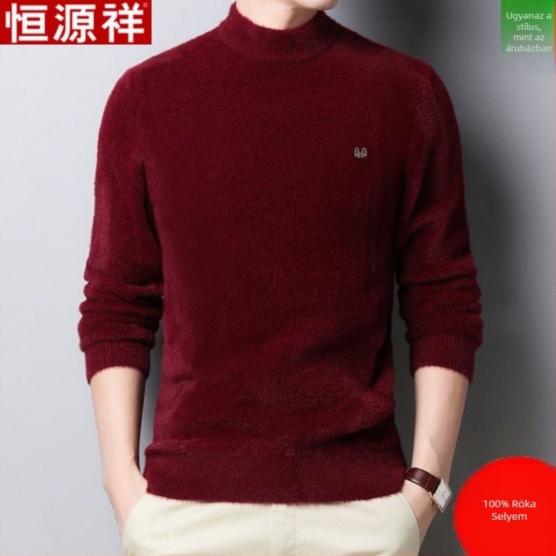 Férfi gyapjú kötött pulóver, vastag, fél magas gallér, hosszú ujjú, 100% gyapjú