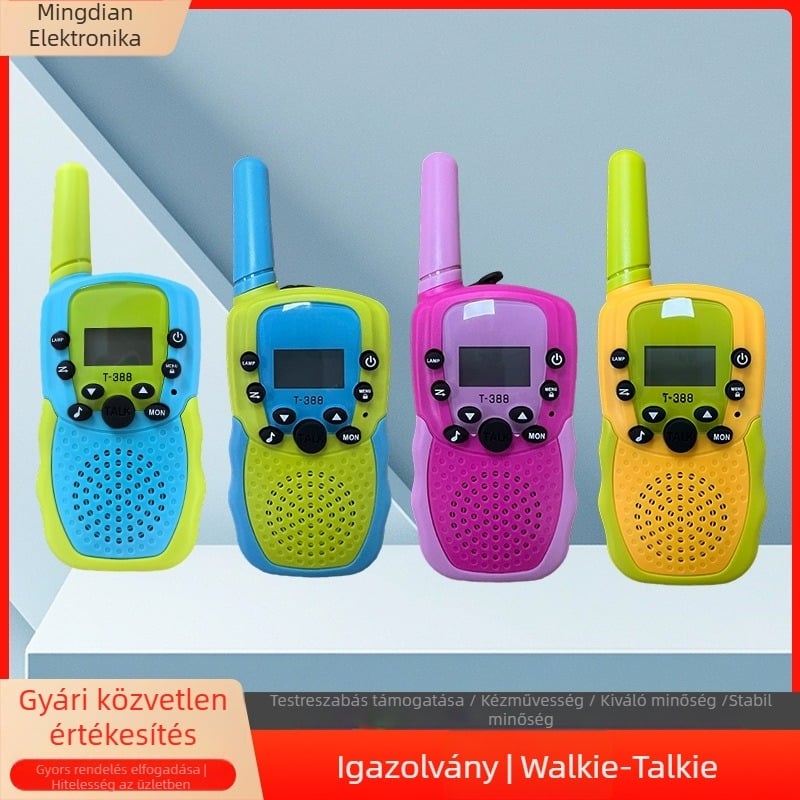 T388 Mini Walkie-Talkie gyerekeknek — Kompakt, tartomány 1,5–3 km, kimenő teljesítmény 0,5 W, 8–22 csatorna, Ni-MH 300 mAh akkumulátor, zavarvédelmi funkció