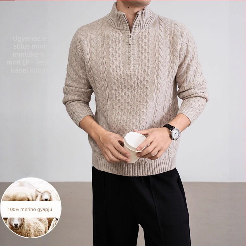 100% gyapjúból készült teljes testű kábeles kötésű pulóver jacquard mintával, cipzárral és fél magas gallérral, 7-gauge vastagság