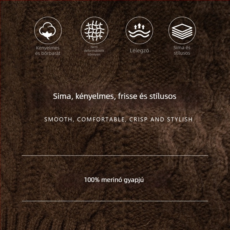 100% gyapjúból készült teljes testű kábeles kötésű pulóver jacquard mintával, cipzárral és fél magas gallérral, 7-gauge vastagság