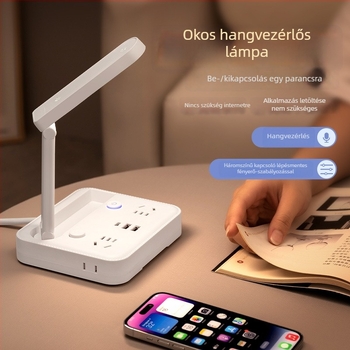 Összecsukható asztali lámpa hosszabbító aljzattal, Type-C töltőporttal és USB‑vel, hangvezérléssel és távirányítóval