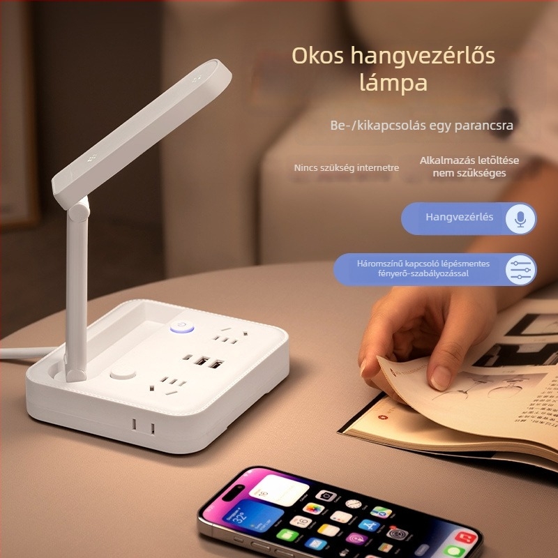 Összecsukható asztali lámpa hosszabbító aljzattal, Type-C töltőporttal és USB‑vel, hangvezérléssel és távirányítóval