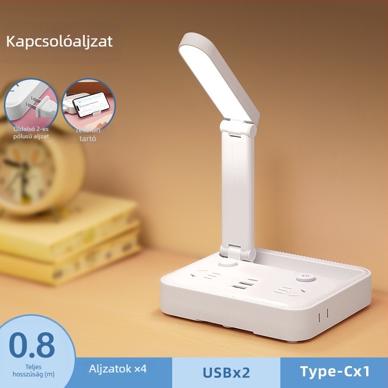 Összecsukható asztali lámpa hosszabbító aljzattal, Type-C töltőporttal és USB‑vel, hangvezérléssel és távirányítóval