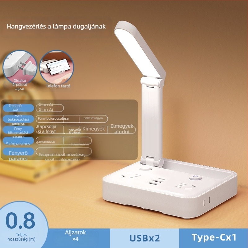 Összecsukható asztali lámpa hosszabbító aljzattal, Type-C töltőporttal és USB‑vel, hangvezérléssel és távirányítóval