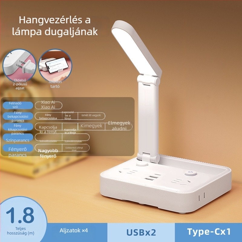 Összecsukható asztali lámpa hosszabbító aljzattal, Type-C töltőporttal és USB‑vel, hangvezérléssel és távirányítóval