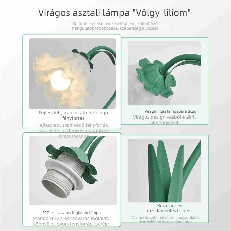 Virágmotívumos asztali lámpa, modern minimális stílus, CRI ≥95, 5W, ≤36V, műanyag árnyékoló, gombos kapcsoló