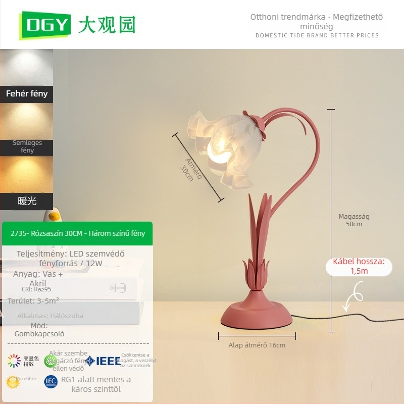 Virágmotívumos asztali lámpa, modern minimális stílus, CRI ≥95, 5W, ≤36V, műanyag árnyékoló, gombos kapcsoló