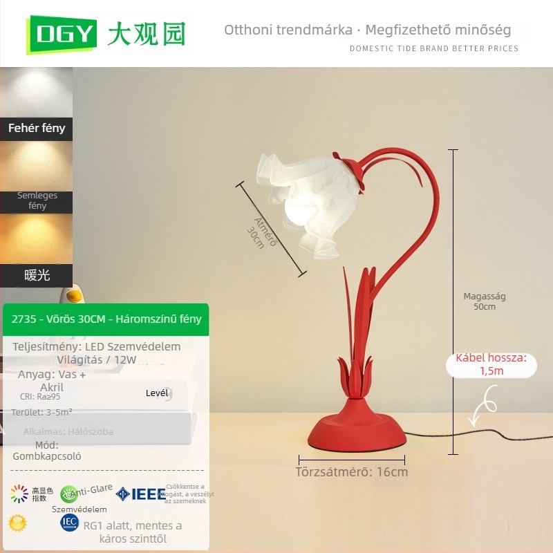 Virágmotívumos asztali lámpa, modern minimális stílus, CRI ≥95, 5W, ≤36V, műanyag árnyékoló, gombos kapcsoló