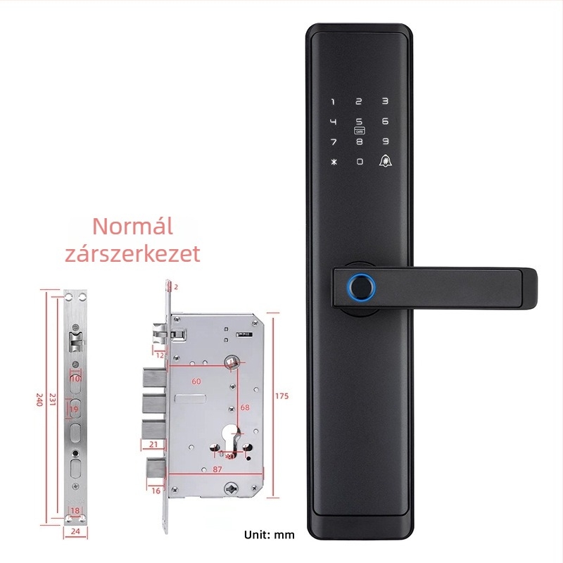 Bq5 félautomata Bluetooth-os okoszár tömörfa ajtókhoz — 100 ujjlenyomat-tárolás, >200000 nyitás, beolvasási idő <0,5 s, DC tápegység