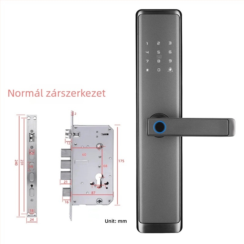 Bq5 félautomata Bluetooth-os okoszár tömörfa ajtókhoz — 100 ujjlenyomat-tárolás, >200000 nyitás, beolvasási idő <0,5 s, DC tápegység