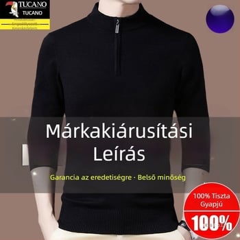 Férfi gyapjú kötött pulóver kapucnival, egyenes szabású, félmagasságú gallér cipzárral, hosszú ujjú