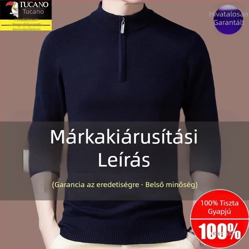 Férfi gyapjú kötött pulóver kapucnival, egyenes szabású, félmagasságú gallér cipzárral, hosszú ujjú