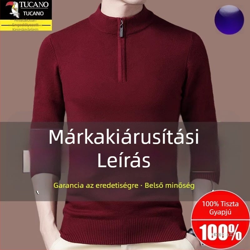 Férfi gyapjú kötött pulóver kapucnival, egyenes szabású, félmagasságú gallér cipzárral, hosszú ujjú