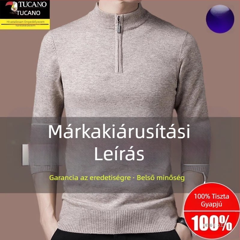 Férfi gyapjú kötött pulóver kapucnival, egyenes szabású, félmagasságú gallér cipzárral, hosszú ujjú