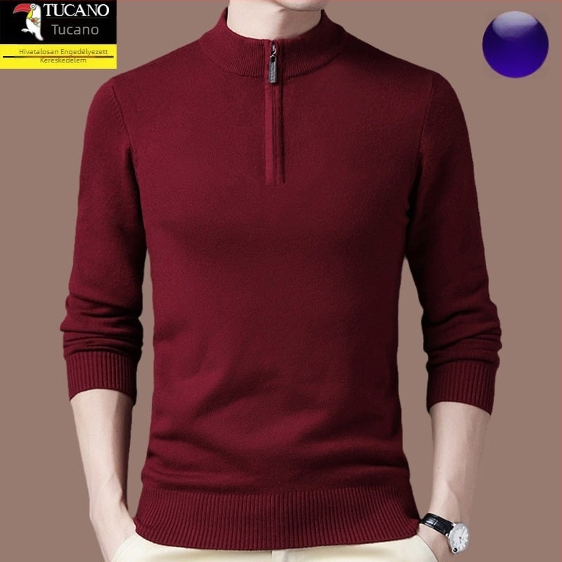 Férfi gyapjú kötött pulóver kapucnival, egyenes szabású, félmagasságú gallér cipzárral, hosszú ujjú