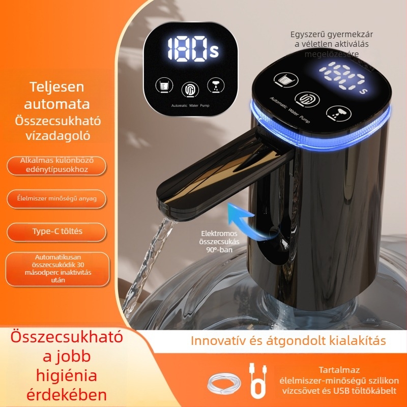 Összecsukható elektromos vízpumpa palackozott víz adagolóhoz érintőképernyős kijelzővel, modell D36, USB tápegység, 5V, 5W