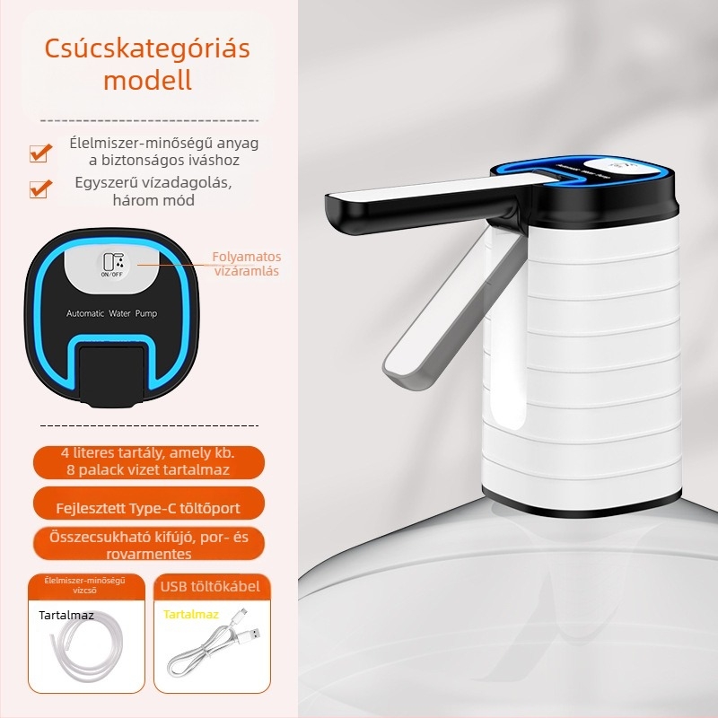 Összecsukható elektromos vízpumpa palackozott víz adagolóhoz érintőképernyős kijelzővel, modell D36, USB tápegység, 5V, 5W