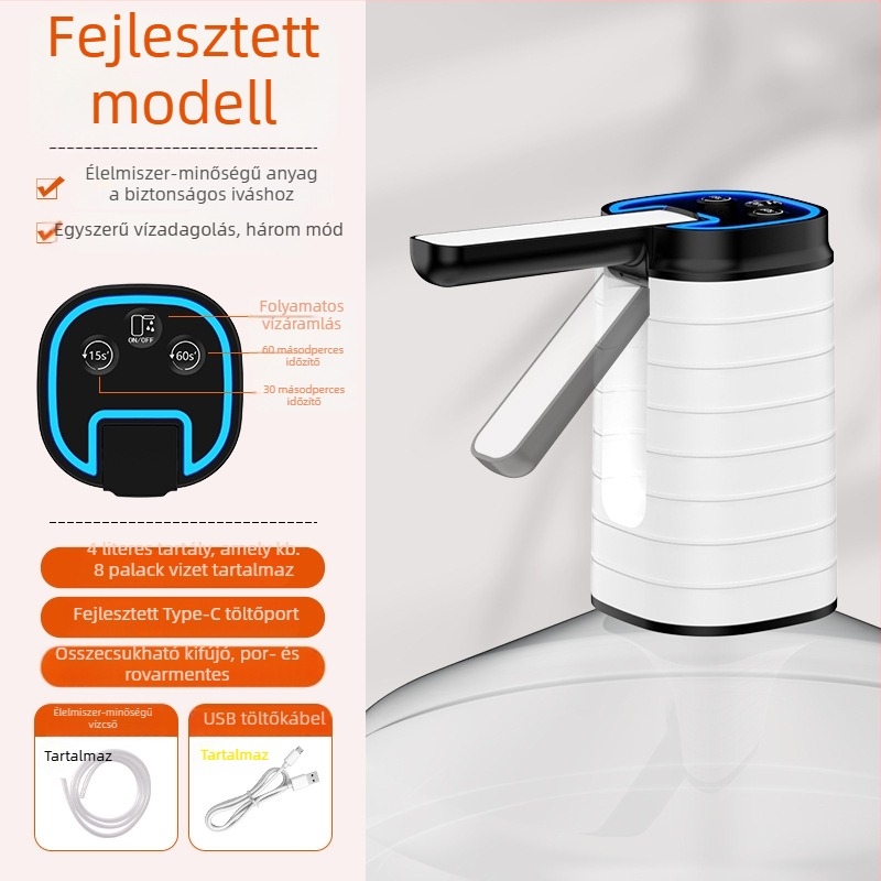 Összecsukható elektromos vízpumpa palackozott víz adagolóhoz érintőképernyős kijelzővel, modell D36, USB tápegység, 5V, 5W
