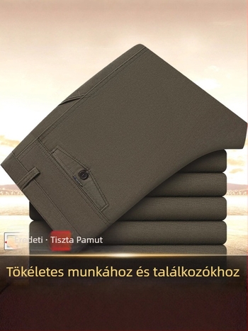 Téli vastag, 100% pamut öltönynadrág, lazán szabott egyenes szár, magas derék, középkorú férfiaknak, üzleti hétköznapi viselet