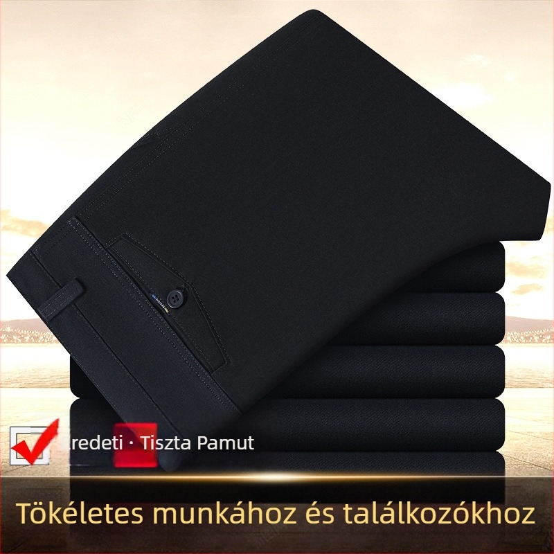 Téli vastag, 100% pamut öltönynadrág, lazán szabott egyenes szár, magas derék, középkorú férfiaknak, üzleti hétköznapi viselet