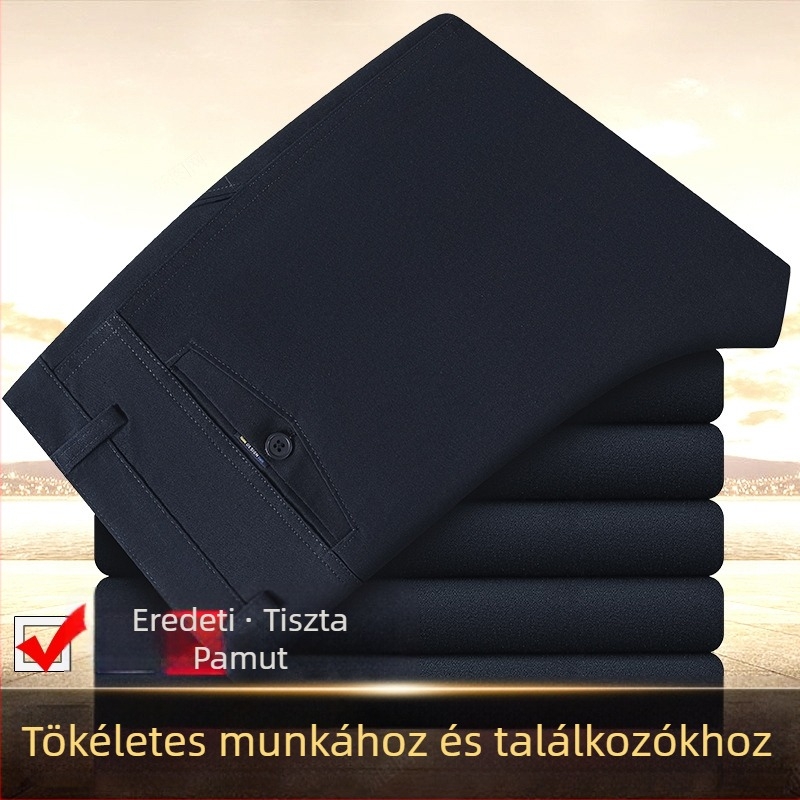 Téli vastag, 100% pamut öltönynadrág, lazán szabott egyenes szár, magas derék, középkorú férfiaknak, üzleti hétköznapi viselet