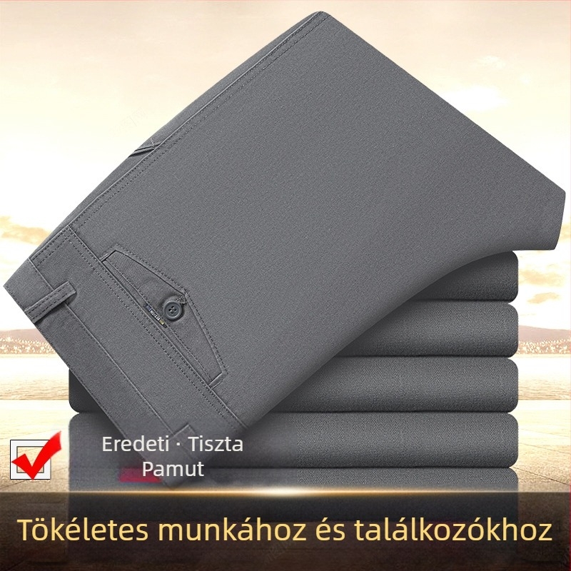 Téli vastag, 100% pamut öltönynadrág, lazán szabott egyenes szár, magas derék, középkorú férfiaknak, üzleti hétköznapi viselet